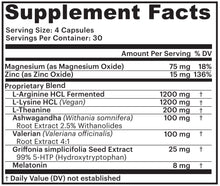 Load image into Gallery viewer, Pure Sleep bottle containing Magnesium (75mg), Zinc (15mg), L-Theanine (200mg), L-Arginine HCl (1200mg), L-Tryptophan (750mg), GABA (750mg), Ashwagandha (100mg), Melatonin (6mg), and Griffonia simplicifolia Seed Extract (25mg).