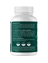 Load image into Gallery viewer, Pure Focus supplement bottle back label showing usage instructions, ingredient information by Dr Anthony Capasso, and quality certifications - PureLife Organics cognitive support supplement