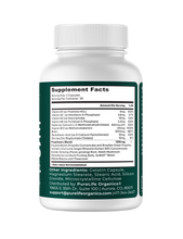 Load image into Gallery viewer, Supplement Facts label showing serving size of 2 capsules with vitamins A, C, B1, B2, folate, B12, biotin, pantothenic acid, and calcium