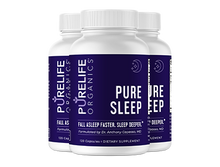 Load image into Gallery viewer, Three bottles of Pure Sleep dietary supplement by PureLife Organics, with labels indicating the product is formulated to help fall asleep faster and sleep deeper.