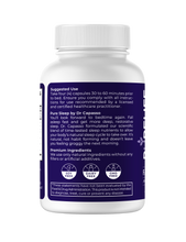 Load image into Gallery viewer, Pure Sleep by Dr. Capasso product information, premium ingredients description, and three certification badges indicating drug-free, habit-free, and GMO-free.
