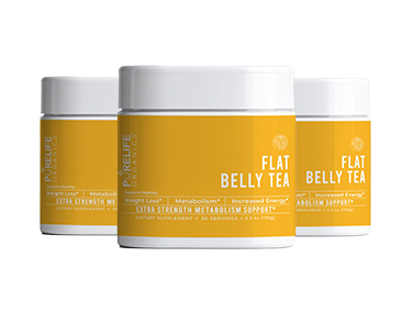 Flat Belly Tea organic weight management supplement bottles - 3-pack yellow containers with white caps