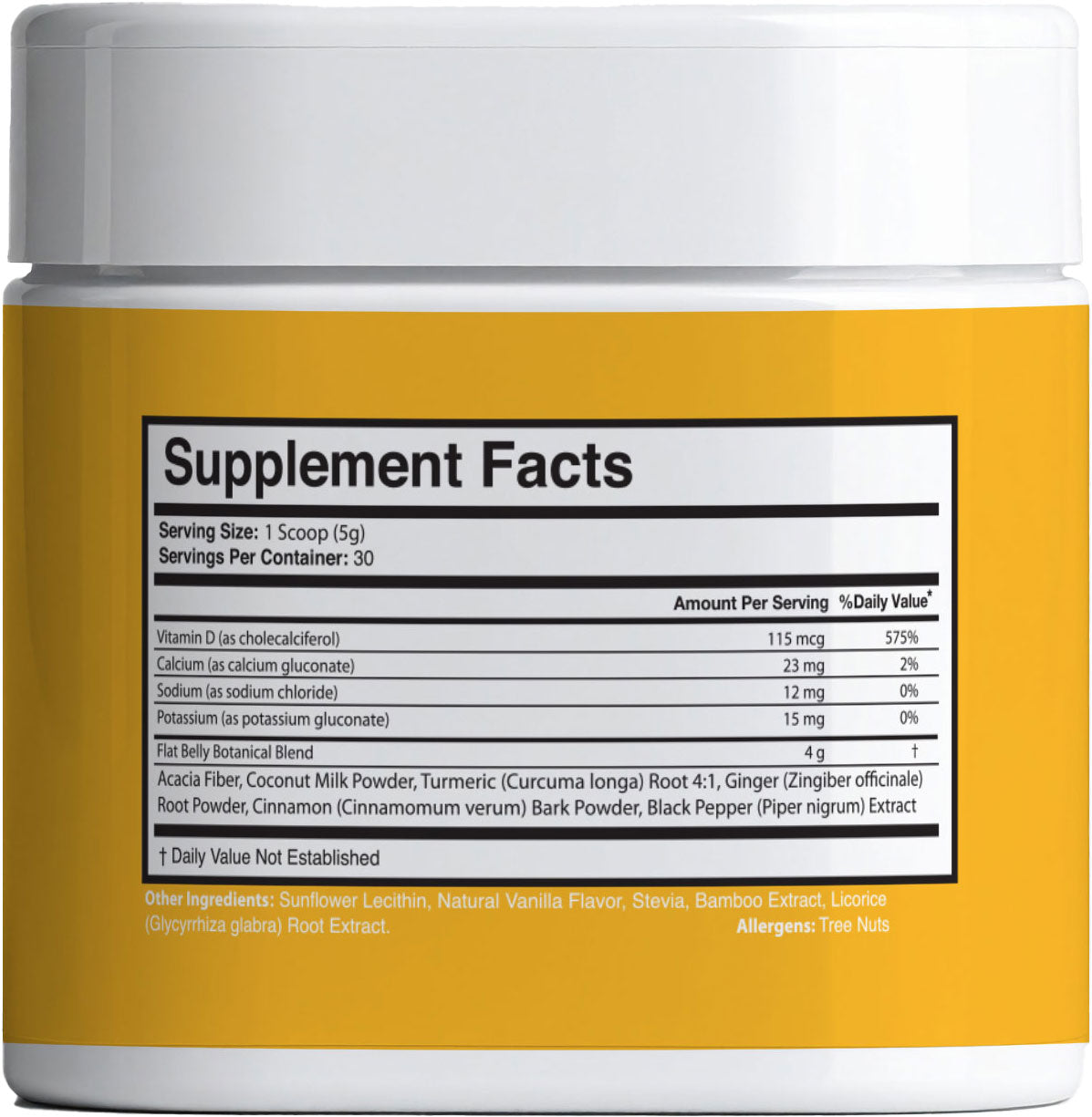 FBT supplement nutrition facts panel with Flat Belly Botanical Blend ingredients including turmeric, ginger, cinnamon and black pepper