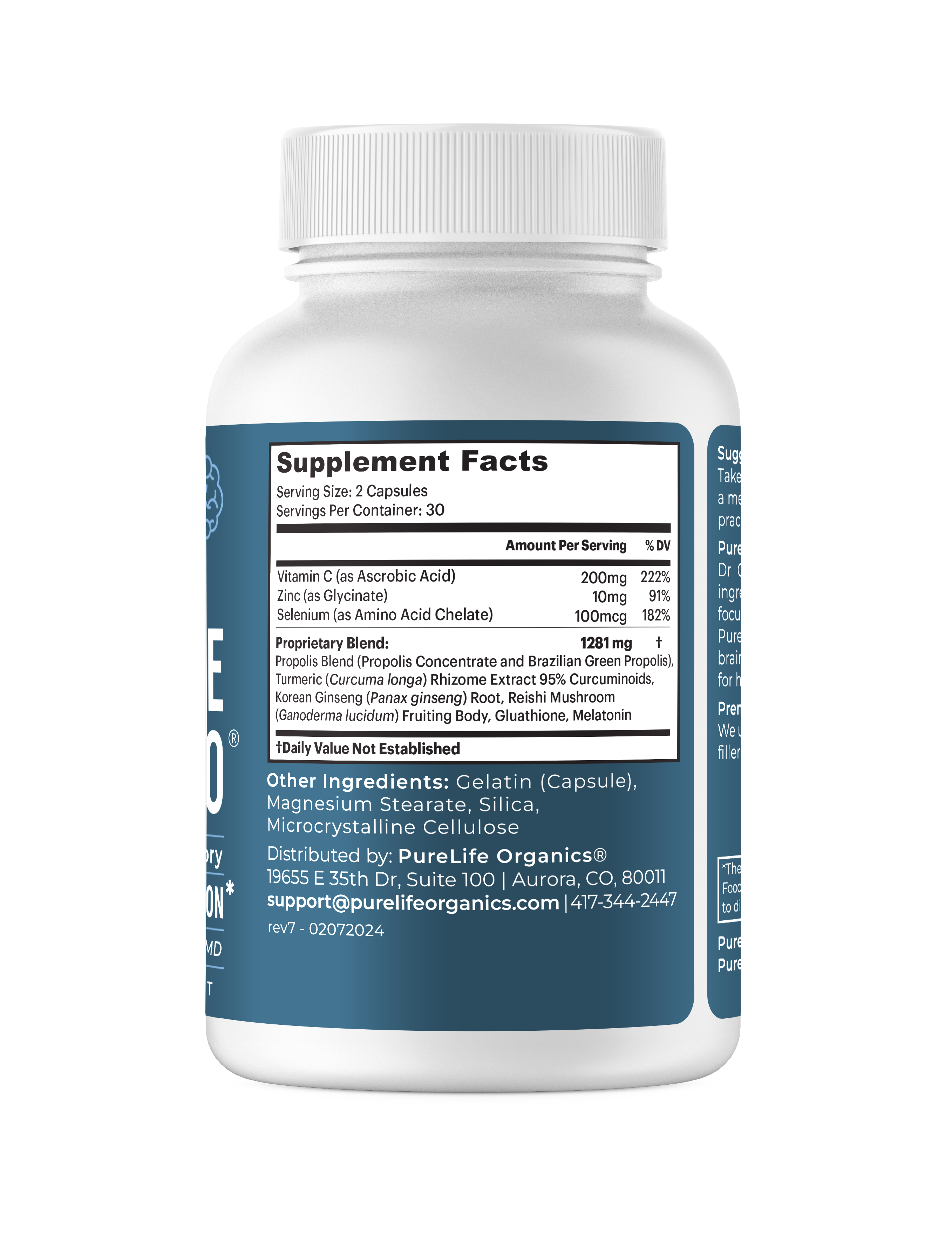 PureLife Organics Pure Neuro Supplement Facts label with Vitamin C, Zinc, Selenium, and proprietary nootropic blend for brain health