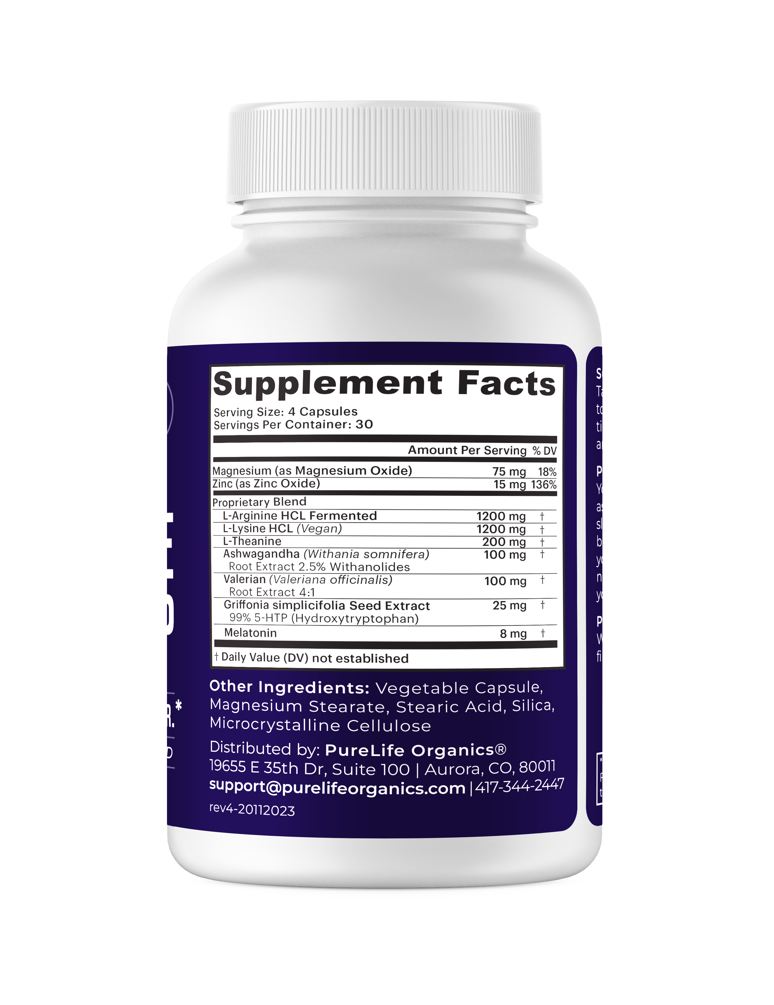 Pure Sleep bottle containing Magnesium (75mg), Zinc (15mg), L-Theanine (200mg), L-Arginine HCl (1200mg), L-Tryptophan (750mg), GABA (750mg), Ashwagandha (100mg), Melatonin (6mg), and Griffonia simplicifolia Seed Extract (25mg).
